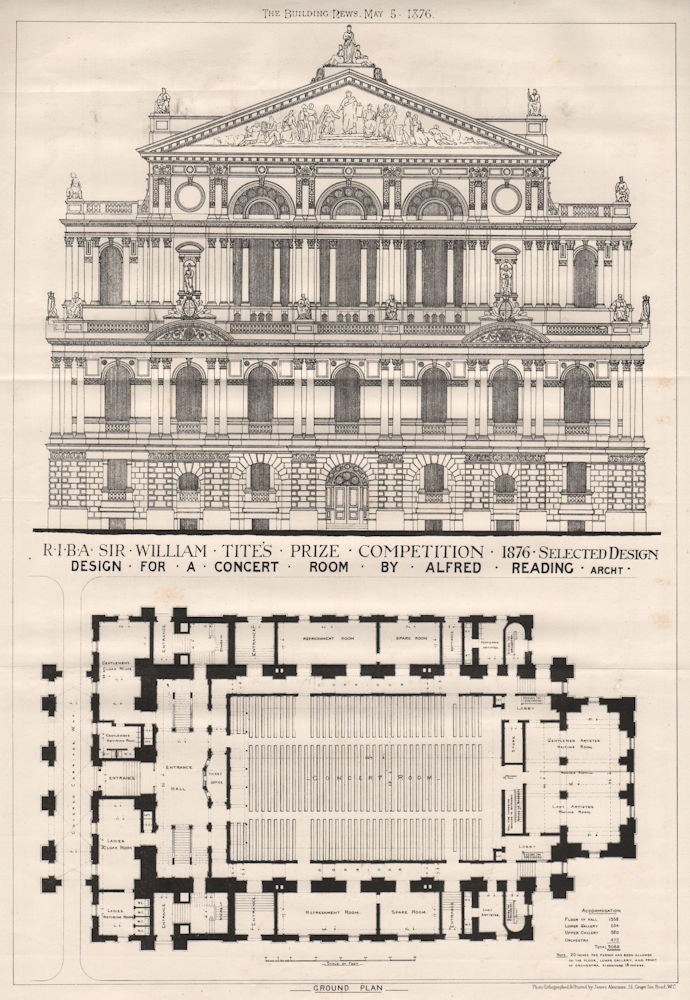 Design for a concert room by Alfred Reading, Architect 1876 old antique print